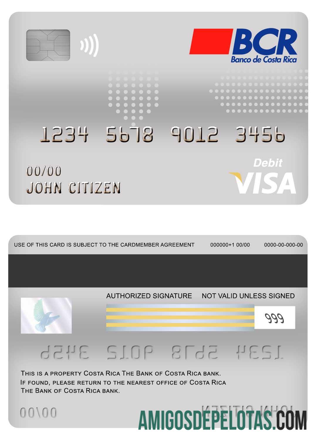 Costa Rica Cartão de débito Visa do Banco da Costa Rica exemplo real